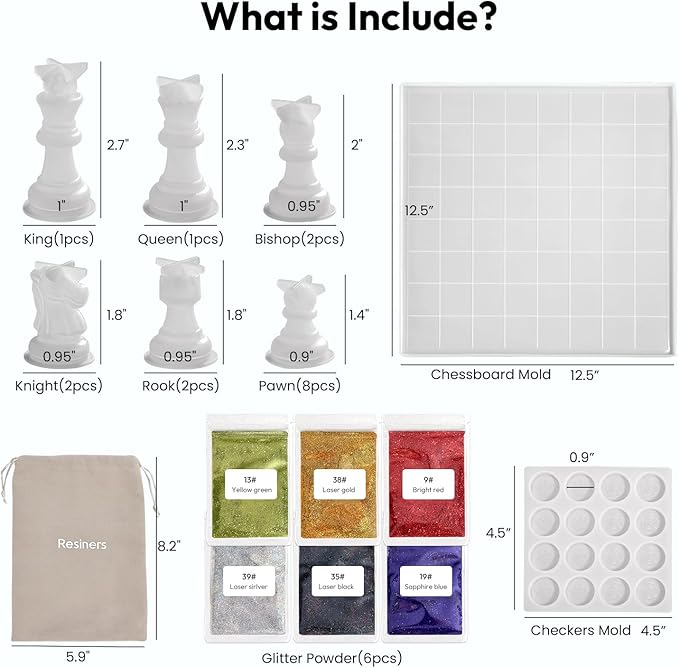 Resiners Chess Molds, Resin Chess Set Mold with 16 Piece 3D Full Size Chess Checkers & Chess Board, DIY Chess Board Game, Epoxy Resin NOT Include