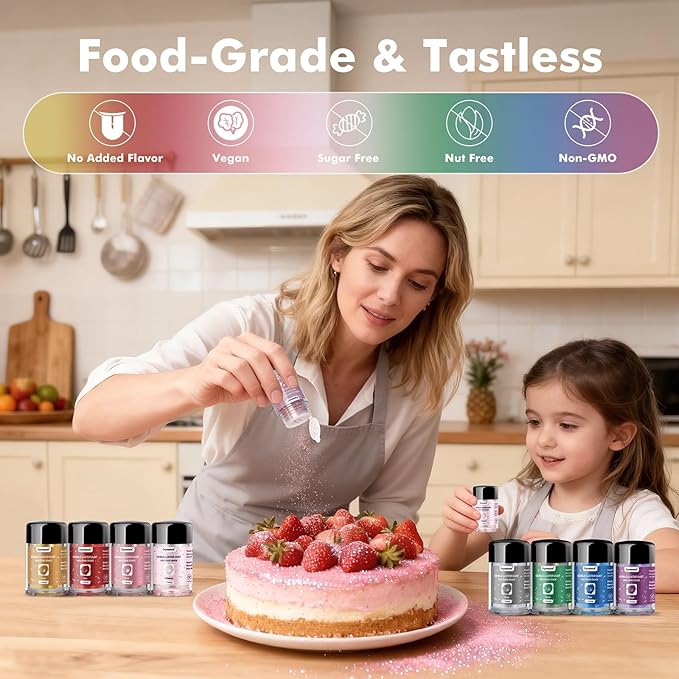 8 Colors Edible Glitter Set, Edible Glitter for Drinks, Luster Dust Shimmer Powder for Cakes, Cocktails, Beverages, Strawberries, Cookies, Candies, Fondant, Decorations,Christmas (5g/Bottle)