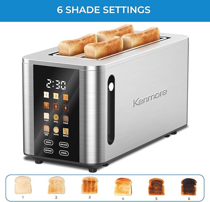 Kenmore 4-Slice Long Slot Toaster | Color Touch Screen & 6 Shade Settings | Extra Wide Slots | Digital Timer | Customizable Smart Presets | Reheat, Defrost, Add Time Functions | Stainless Steel