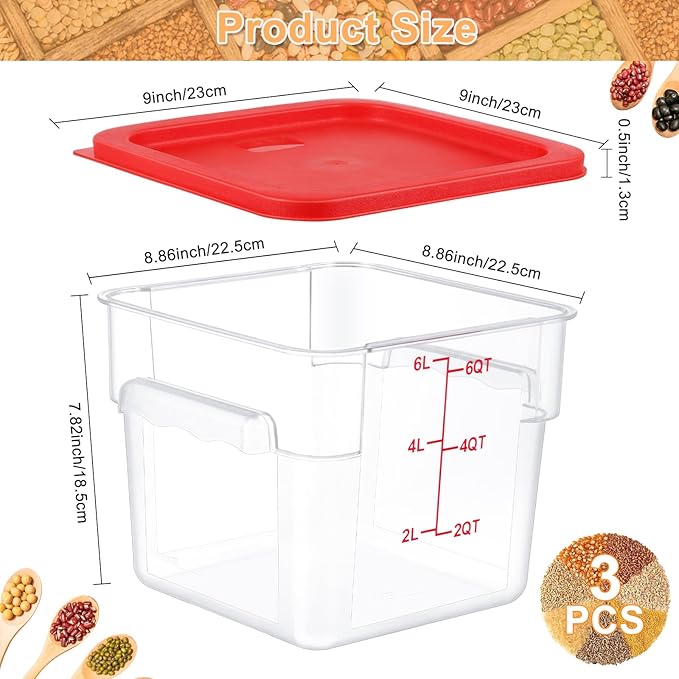 10 Sets 6 Qt Square Food Storage Containers with Lids Commercial Polycarbonate Containers Dough Proofing with Scale Clear Airtight Cereal for Pantry Home Restaurant