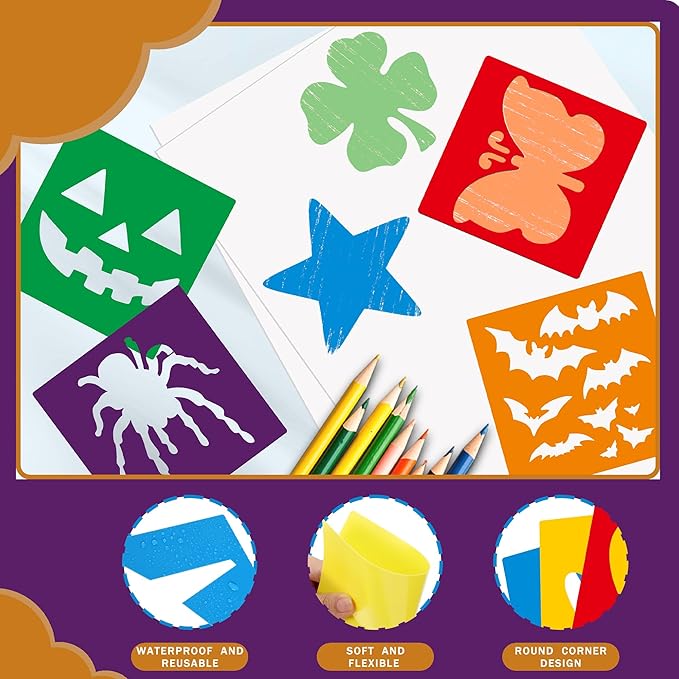 24 Pieces Stencils,Large Drawing Stencils Chalk Template,8 Inches Washable Shape Template Kit for Crafts,Painting Drawing (Halloween, 8 inch)