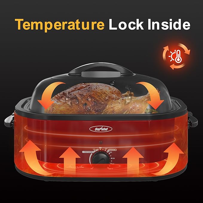 Sunvivi 26lb 22-Quart Roaster Oven, Electric Roaster Oven with Viewing Lid, Turkey Roaster with Unique Defrost/Warm Function, Large Roaster with Removable Pan & Rack, Stainless Steel, Red