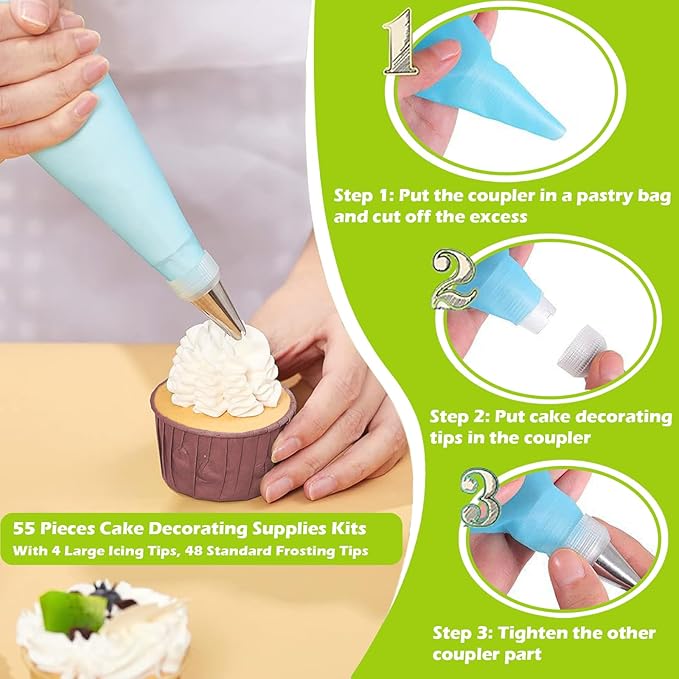 Suuker Piping Tips Set, 55 Pieces Cake Decorating Supplies Kits with 4 Large Icing Tips, 48 Standard Frosting Tips for Cake Decorating, Cupcakes with Storage Box