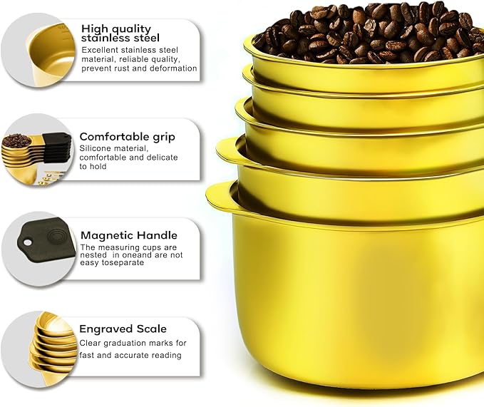 Magnetic Measuring Cups and Spoons Set, Heavy Duty 304 Stainless Steel, 5 Nesting Gold Measuring Cups and 7 Magnetic Measuring Spoons, Baking & Cooking Set of 13 with Leveler