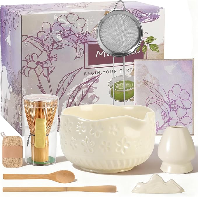 Matcha Set, 9 Pcs Ceramic Matcha Set Includes Bowl, Whisk and Holder, Bamboo Scoop, Scoop Rest, Sifter and Tea Towel ect- Complete Kit for Traditional Matcha, Modern Lattes (Milky White)