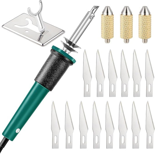 Honoson 19 Pieces Electric Hot Knife Cutter Tool, Multipurpose Hot Knife Stencil Cutter with Metal Stand, 14 Blades, 3 Chuck Sleeves for Cutting Carving(Green)