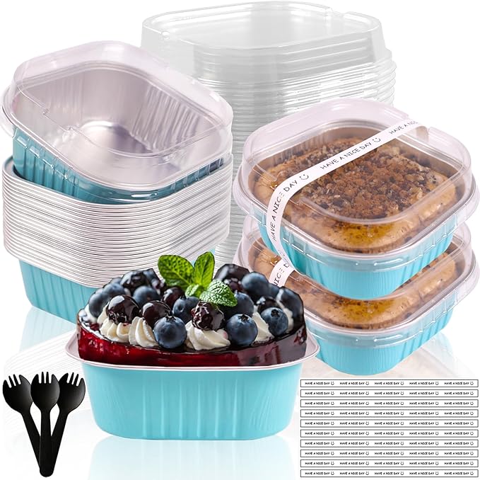 10oz Mini Cake Pans With Lids 50 Pack Aluminum Foil Square Brownie Baking Cups,4”x4” Disposable Loaf Pans With Lids and Spoons Stickers,Large Cupcake Pans Muffin Cake Tins Cake Container(Blue)
