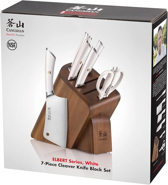 Cangshan ELBERT Series German Steel Forged Cleaver Knife Block Sets, Acacia (7-Piece, White)