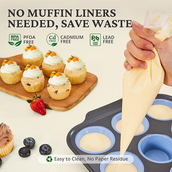 BRONYPRO Silicone Muffin Pans for Baking with Metal Frame, Egg Bite Molds, Cupcake Pans 12 Regular Size, Muffin Tins Easy to Pop Nonstick Non Toxic Bakeware for Oven,Blue