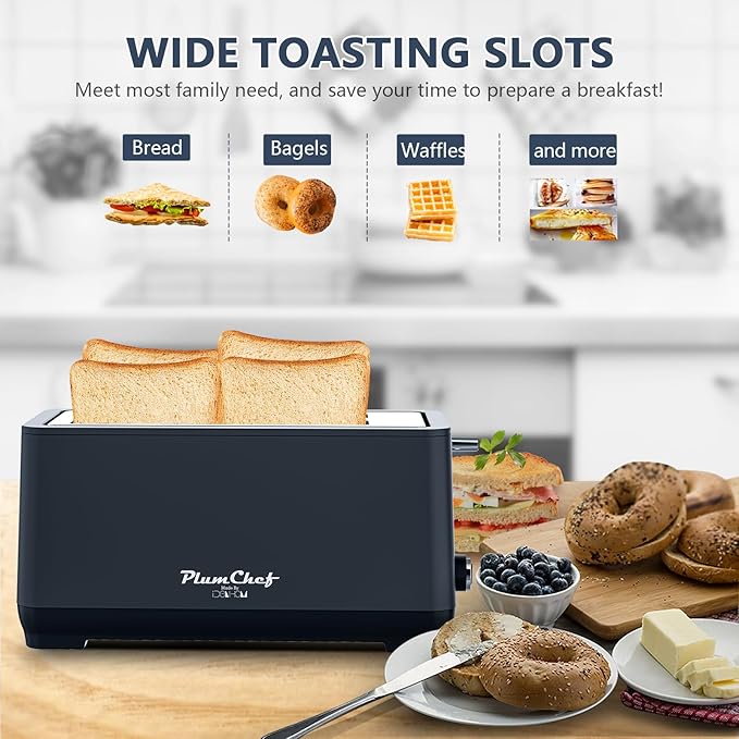 4-Slice Toaster, Extra Wide Long Slot Toaster, 6 Browning Settings, Bagel/Defrost/Reheat Functions, Removable Crumb Tray, Stainless Steel Housing (Matte Black)