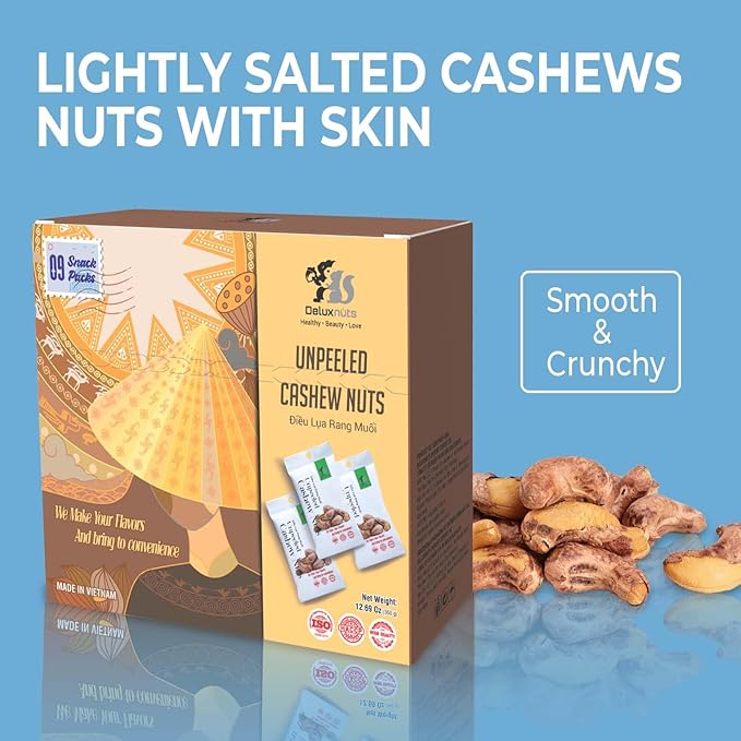 DELUXNUTS Salted Cashews with Skin (9 Packs), Whole Cashew Nuts, Individual Packs, Healthy Snack for Kids & Adults, Good Source of Protein, Gluten-Free