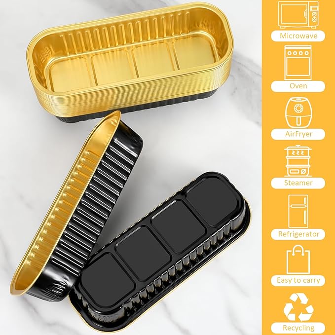 Mini Loaf Pans with Lids and Spoons (100 Pack, Black-gold, 6.8oz) Rectangular Aluminum Foil Baking Pans