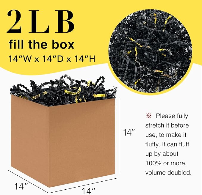 2LB Crinkle Cut Paper Shred Filler for Bag Gift Box Basket Confetti Paper Shreded Stuffing Decoration for Valentine's Day Holiday Party (Gold & Black)