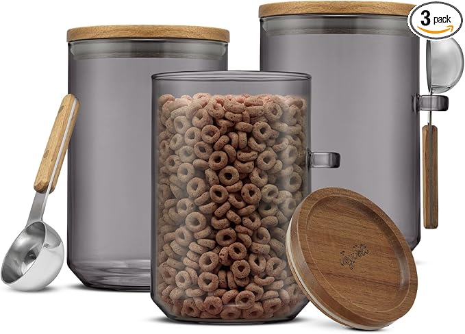 JoyJolt Holden 32oz Stackable Glass Storage Containers with Lids and Scoops, Airtight Food Canister Set of 3 w/Acacia Wood Lids, Round Stacking Pantry and Kitchen Containers w/Scoop | Smoke