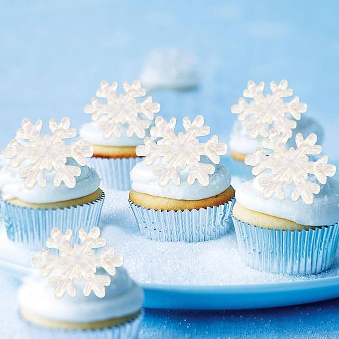 15 Piece White Resin Snowflake Cupcake Toppers Sparkling Winter Frozen Theme Snowflake Cupcake Winter Wonderland Baby Gift Party Children's Birthday Christmas Party Cake Decoration Supplies