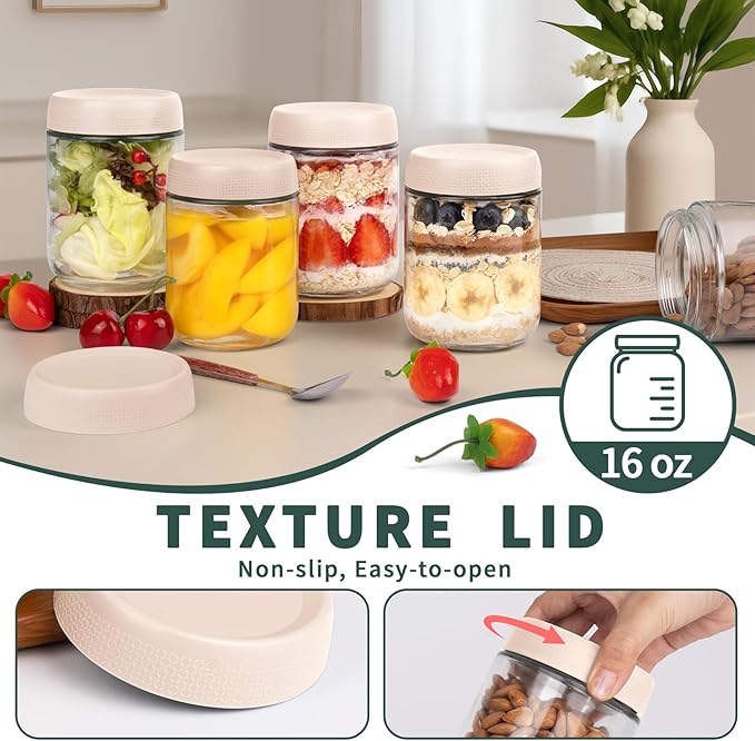 Overnight Oats Containers with Lids, 16oz Glass Storage Containers with Lids, Wide Mouth Mason Jars, Glass Jars with Airtight Lids for Salad, Yogurt, Chia Seed, Pudding, Meal Prep 6-Pack