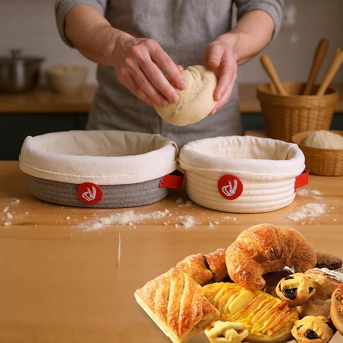 Sourdough Starter Kit,Sourdough Bread Baking Supplies with 2 pack Cotton Rope banneton bread proofing basket with handle,Baking Accessories,Sour Dough Tools,Baking Mat Dough Scraper & More