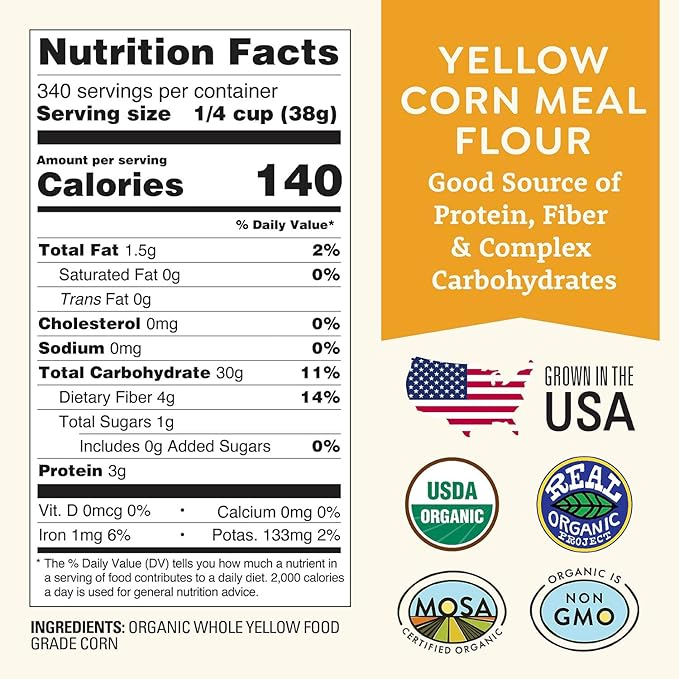 Organic Yellow Cornmeal 25 lb Fine Grind - Non-GMO, Gluten-Free, Sugar-Free, Farmed From Regenerative Soil, Vegan, Grown In USA, For Baking Cornbread, Muffins, Pancakes, and More by Doudlah Farms