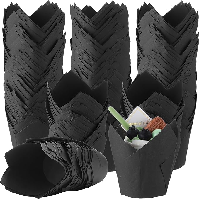 600 Pcs Tulip Cupcake Liners for Baking Muffin Liners Printed Baking Cups Holders Greaseproof Wrappers Decoration for Cupcake Bouquet Birthday Party Wedding Bride Shower (Black)