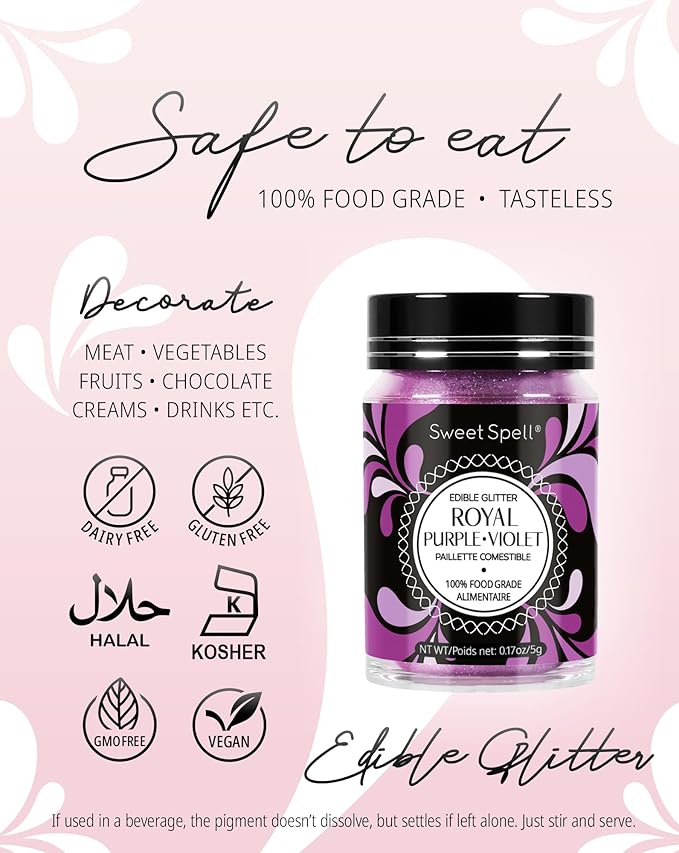 Sweet Spell Edible Glitter (15g) - Shimmer Sparkles for Drinks, Cakes, Cocktails - 100% Edible & Food Grade Glitter, Vegan, Gluten-Free (Purple)