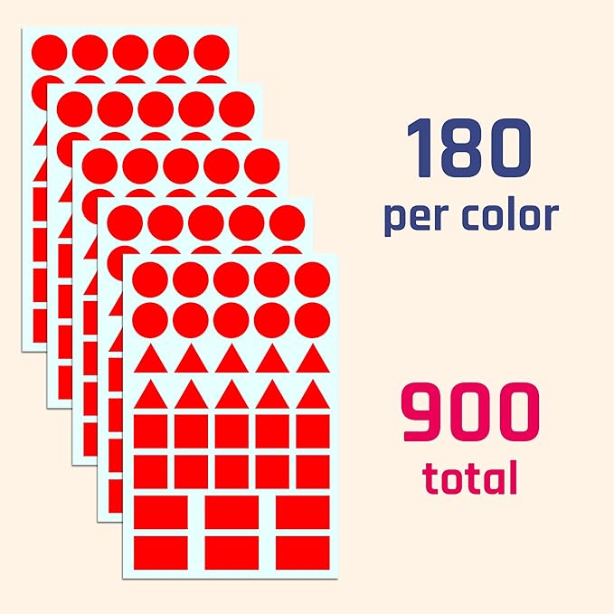 900 Pack - Colored Shape Stickers Labels, 3/4" - 4 Shapes, 5 Colors