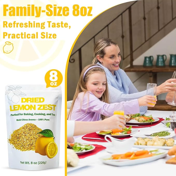 Dried Lemon Zest 8oz - Bold Citrus Flavor for Baking, Tea, Seasoning, Marinades, Spice Blends – Granulated Lemon Peel for Home Cooks & Bakers