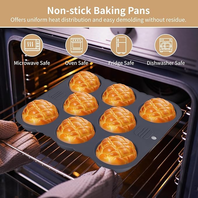 Set of 5 Hamburger Bun Pans for Baking, 4/8-Cup Hamburger Bun Mold, Silicone French Bread Baking Pan with Brush, Spatula, and Grab Glove, Nonstick Perforated Baking Pans