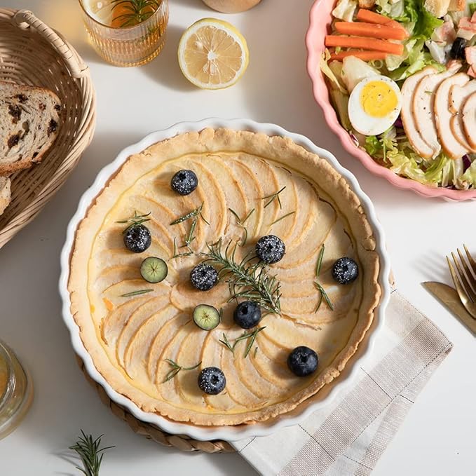 Sweejar Ceramic Pie Pan, 9.5 Inch Round, Wavelet Fringe Pie Dish, Non-Stick Baking Dish for Pumpkin, Apple and More