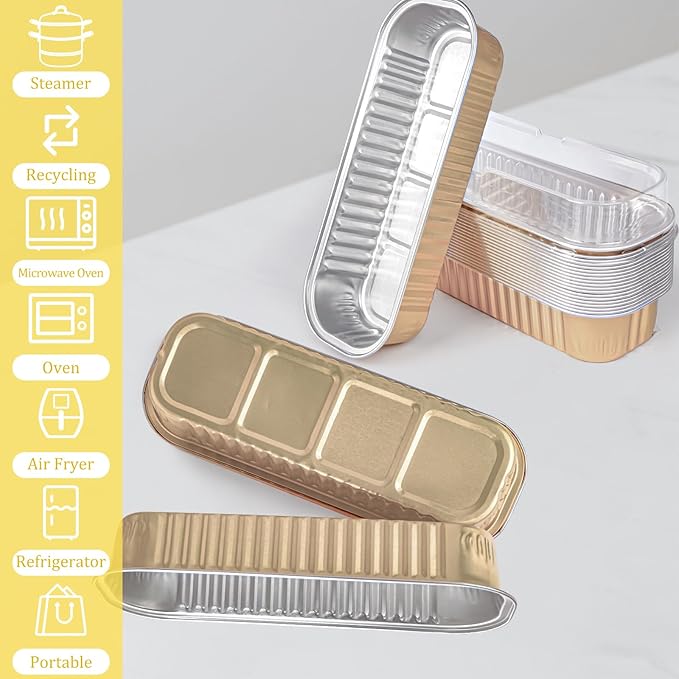 20PCS Rectangle Mini Loaf Pans with Lids,Mini Cake Pans with Lids,Disposable Ramekins Baking Cups Muffin Tins Cupcake Cups for Wedding Party Birthday,6.8oz (Champagne)