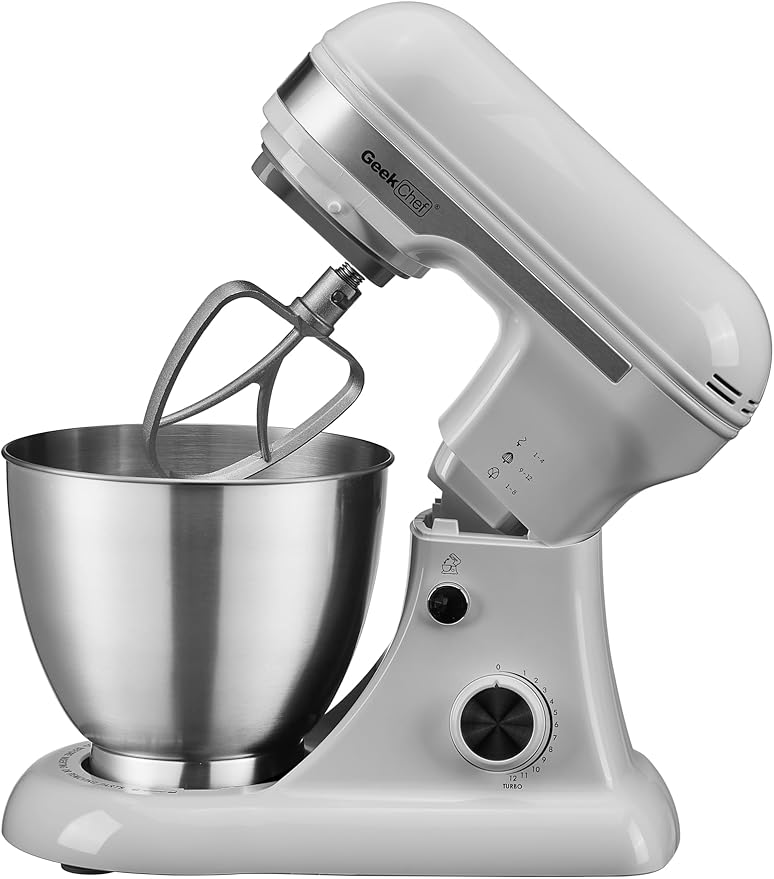 Geek Chef Electric Stand Mixer, 4.8QT 12 Speeds Tilt-head Food Mixer with Dough Hook, Whisk, Beater, Bowl, Rotary Knob for Home Kitchen Use, Gray