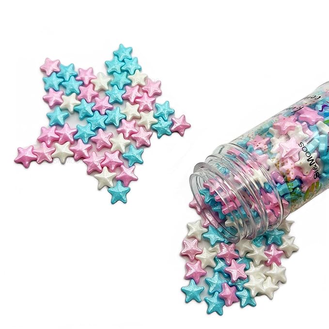 SE Si&Moos Large Blue White and Pink Star Sprinkles Edible Stars for Cake Decorating Star Cake Decorations Blue and Pink Sprinkles for Cakes, Cupcakes, Desserts Toppings Wedding Shower Party Christmas Holiday Supplies 3 OZ