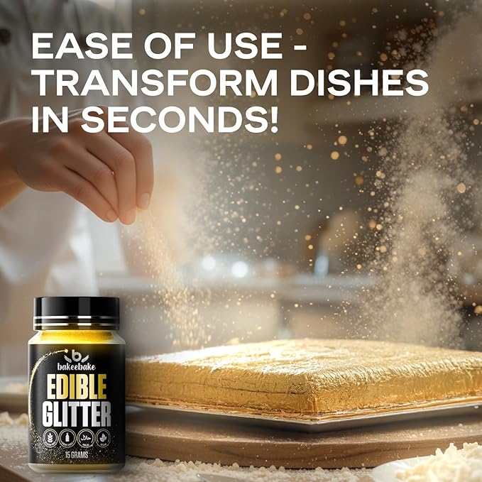 Bakeebake Edible Glitter 15g - Edible Glitter for Drinks & Desserts - Gluten Free Cake Decorating – Tasteless Vegan Drink Cocktails and Parties (Gold, 15 grams)