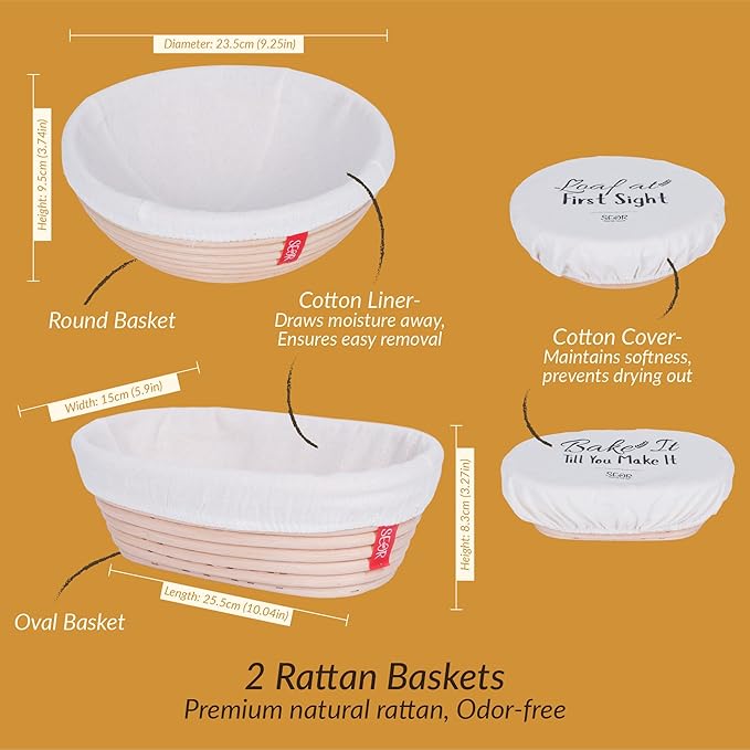 10Pc Premium Sourdough Bread Making Starter Kit; Supplies with Tools for Perfect Sourdough Bread Loaf; Glass Sourdough Starter Fermentation Jar and 2 Sourdough Proofing Baskets