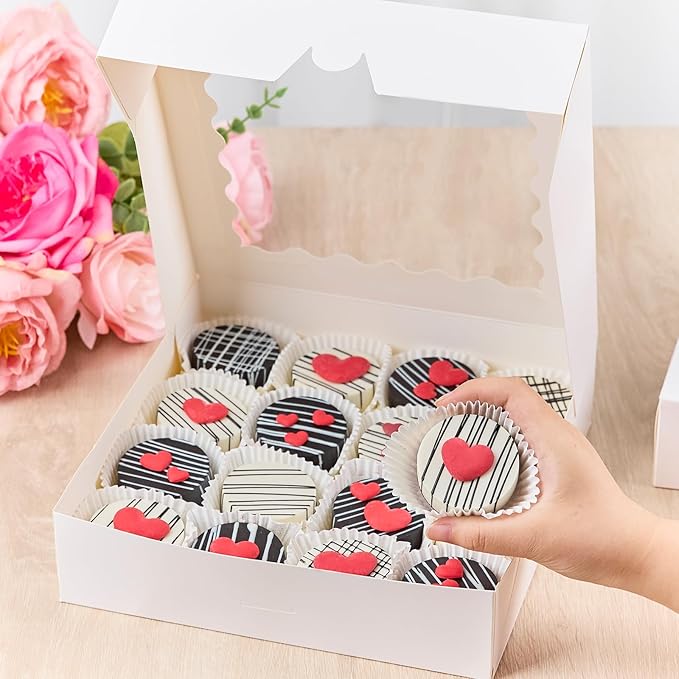 Kucoele 20 PCS Pie Boxes, 10 x 10 x 2.5 Inches Bakery Boxes with Window, Auto-Popup Cookie Boxes White Treat Boxes for Chocolate Strawberries, Pastries, Muffins, Donuts
