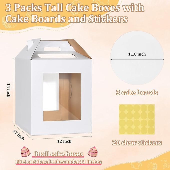 3 Pack Tall Cake Box for Tier Cake with Cake Board, 12 x 12 x 14 Inch Large Tiered Cake Carriers with Clear Windows & Handle, Disposable Bakery Take Out Transport Container for Birthday Wedding Party