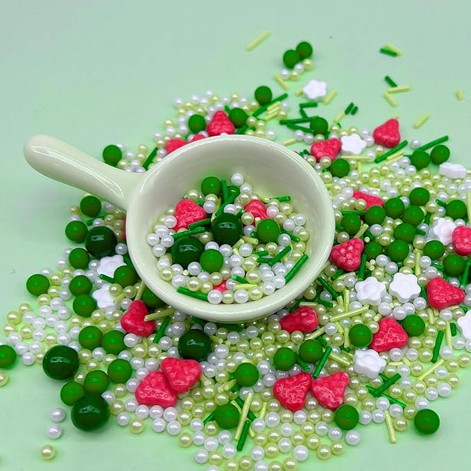 Green Sprinkles for Cake Decorating, Spring Sprinkles Mix with Strawberry Pearl Jimmies Flower for Ice Cream Cupcakes Baking Cookies Cake Topping