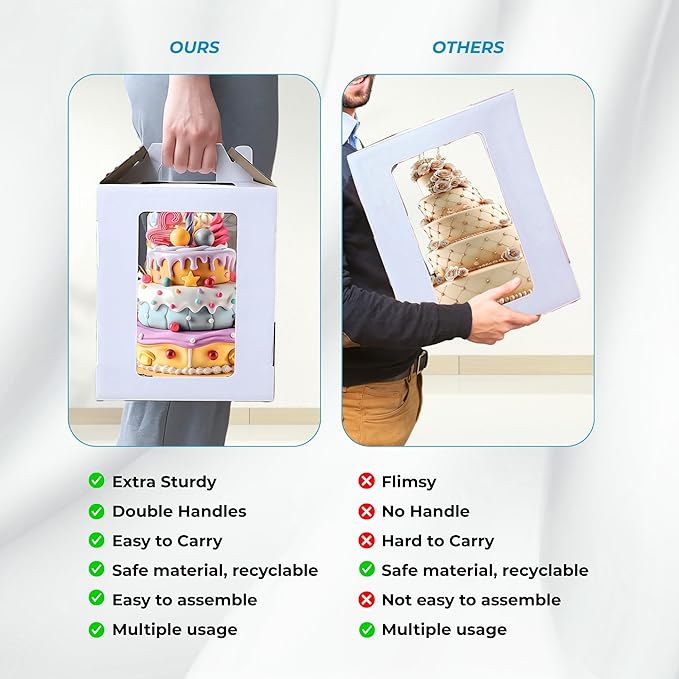 Extra STURDY 4 pack tall cake Box, 2 sizes 10x10x12 & 12x12x14 Inch, 4 cake boards+16 stickers, 2-3 tier bakery transport container with 4 large windows and double handles for wedding, birthday, Party