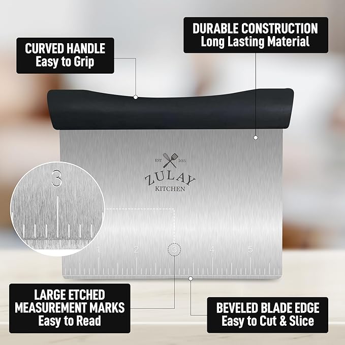 Zulay Premium Multi-purpose Stainless Steel Bench Scraper & Chopper, Easy to Read Etched Markings for Perfect Cuts, Quick & Easy Multi-use Dough Scraper, Dough Cutter & Pastry Scraper (Black)