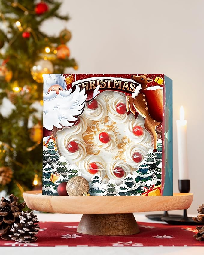 qiqee Christmas 10x10x5 Cake Box, 18 Sets Christmas Cake Box with Window ＆ 18 Sets 10" Christmas Snow House Cake Round Boards, 10inch Cake Containers