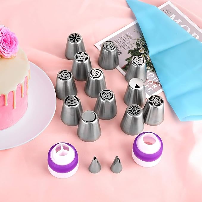 120 PCS Piping Bags and Tips Set 14 In 100 PCS Pastry Bags Cupcake Cookie Cake Decorating Kit 12 Flower Frosting Nozzles 2 Leaf Piping Tips 2 Couplers 2 Icing Bag Ties 1 Tips Brush
