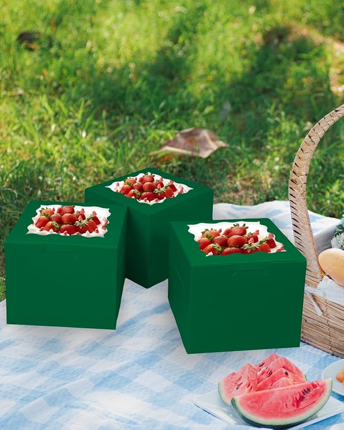 Bakepacker Deep Green 8x8x5 Inches 36pcs Cake Boxes with Window 18-Packs Deep Green Cake Boxes 8 Inch Bakery Boxes (18 Cake Boxes +18 Cake Boards Included)