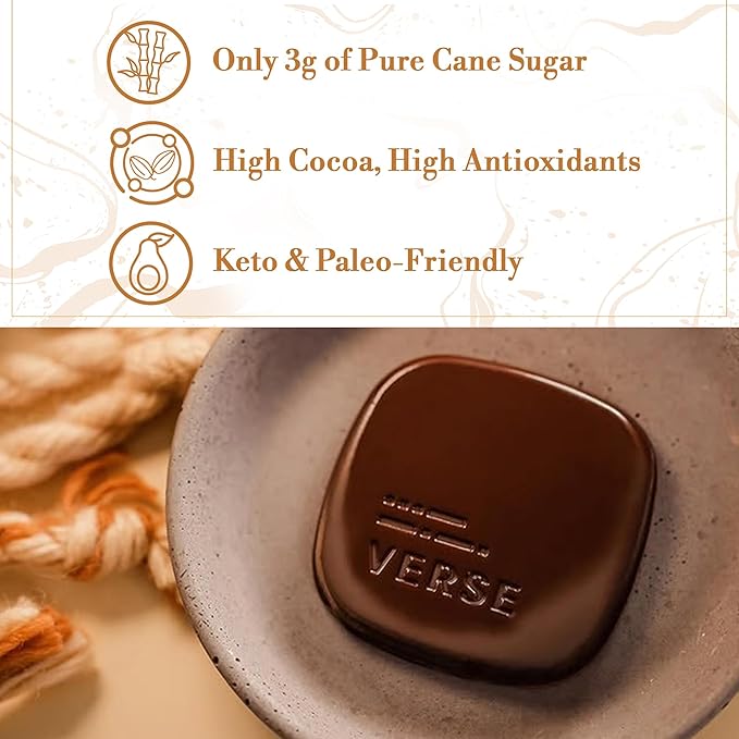 Verse 70% Dark Chocolate with Almonds - Only 3g Cane Sugar - Crunchy Salted Almond - Individually Wrapped Dark Cocoa Bar Chocolates (9 Count, 2 Pack)