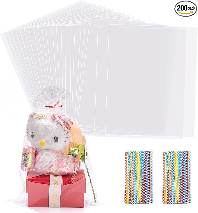 Brandon-super 200 PCS Transparent Clear Cellophane Bags 9x12 Inches, Clear Treat Bags with Ties for Cookie Bags Resealable Cellophane Bag for Packaging Cookies,Gifts,Products,Candy,Favors