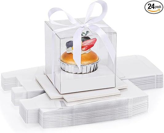 EUSOAR Plastic Cake Containers with Lids, 24pcs 3.5 Inch White Individual Cupcake Wrappers, Single Transparent Display Clear Cupcake Carrier Cupcake Containers for Wedding Birthday Party Favor
