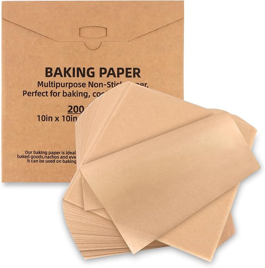 200 Pcs Parchment Paper Baking Sheets, 10"x10" Precut Non-Stick Baking Parchment Paper Sheets Bun Sheet Pan Liners.Baking Grilling Air Fryer Steaming Bread Cup Cake Cookie (Brown-10"x10")