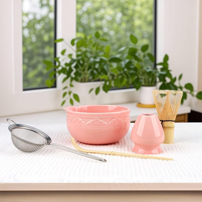 5Pcs Ceramic Matcha Set Pink, Matcha Whisk Set, Tea Set Includes Matcha Bowl 560ml/18.9oz, Matcha Whisk and Holder, Sifter, Bamboo Tascoop