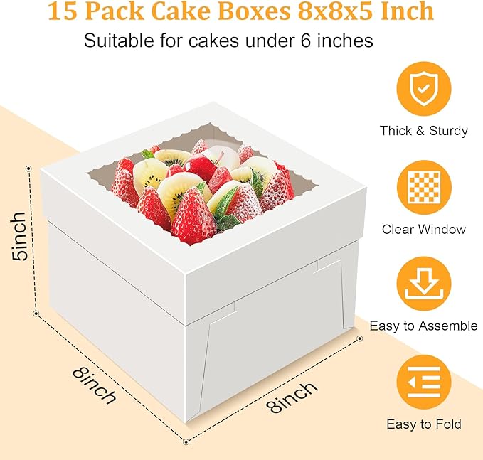 15 PCS Cake Boxes 8 Inch, 8x8x5 Inch Cake Box, 8 Inch Cake Box with Window, White Bakery Boxes, Large Baking Boxes, Cajas Para Pasteles, 8x8 Cake Boxes for Birthday, Wedding, Party, Business