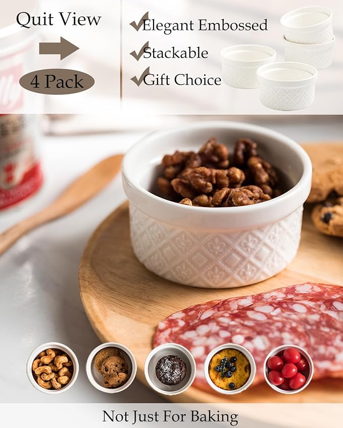 Ramekins 6 oz with Lids Oven Safe, Small Creme Brulee Ramekins with Covers, Ceramic Ramekin Set of 4, Mini Prep Pinch Bowls - Dishwasher and Oven Safe, White