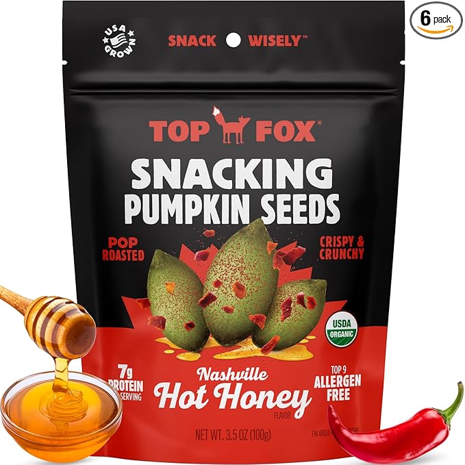 Top Fox Snacks Pumpkin Seeds to Eat (Nashville Hot Honey, 3.5 oz – 6 Pack) - Gluten Free Snacks, Protein Snacks, Keto Friendly Snacks, Allergen Free Snacks, Paleo & Vegan - Organic Pop-Roasted