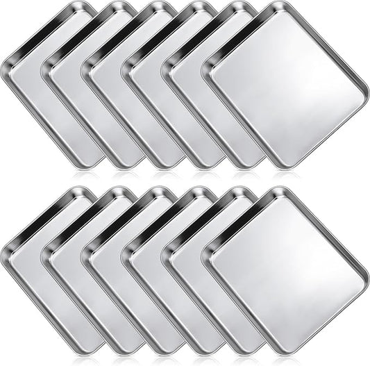 Zopeal 12 Pieces Baking Sheet Pan Cookie Sheet Set for Oven Stainless Steel Trays Nonstick Small Serving Tray Cake Toaster Metal Food Trays, Oven and Dishwasher Safe(10 x 8 x 1 Inch)